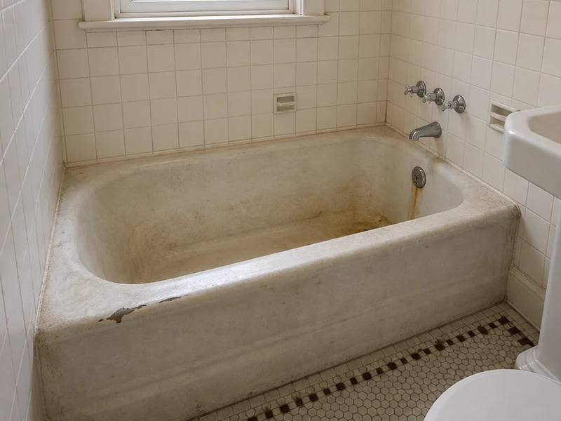 Worn, stained cast-iron bathtub before reglazing in a Rose Garden home, San Jose