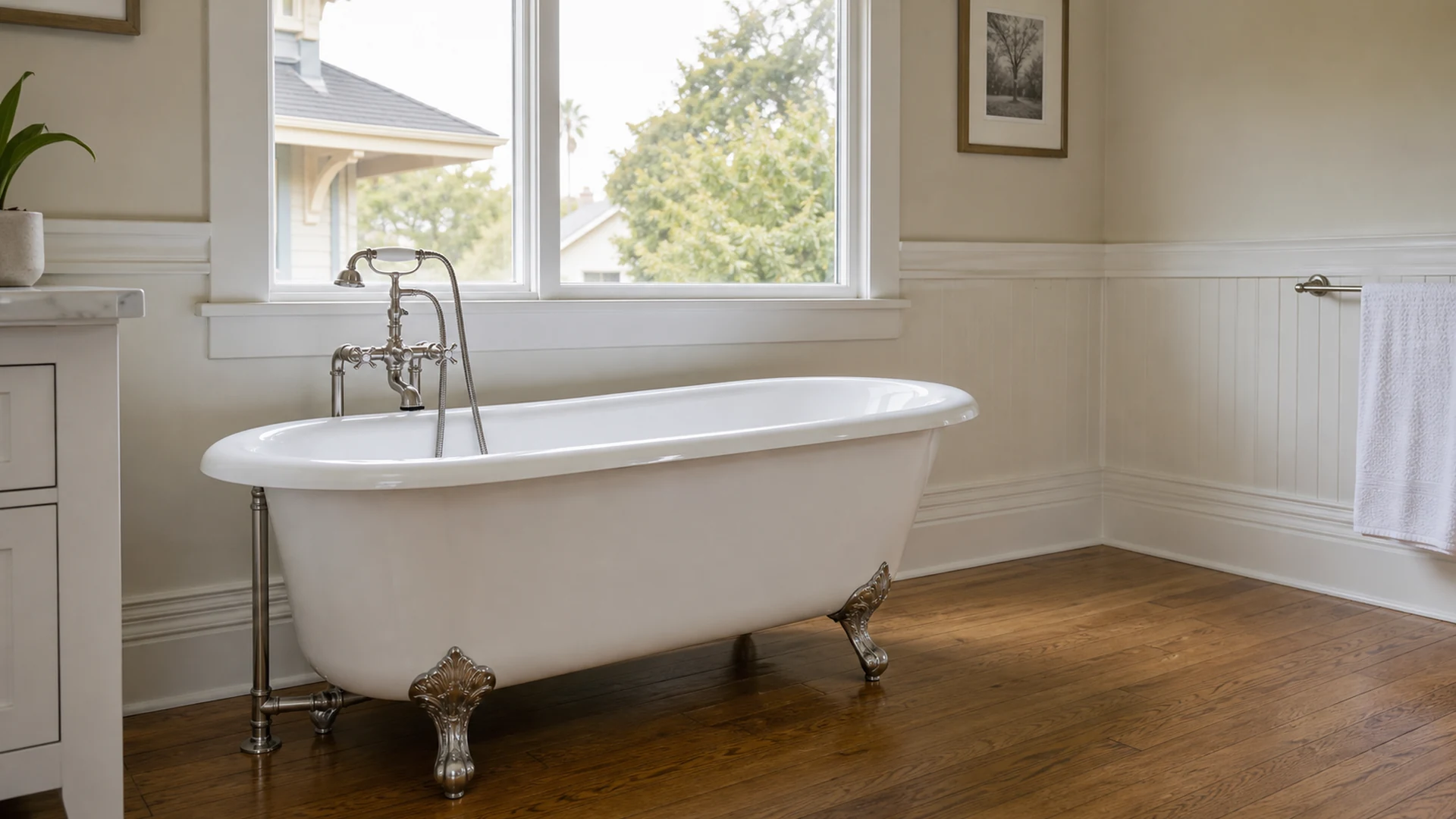 Restored white clawfoot tub in a vintage Naglee Park home, San Jose