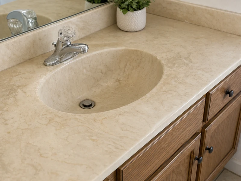 Yellowed, etched cultured-marble vanity top before refinishing in a Cambrian Park home, San Jose