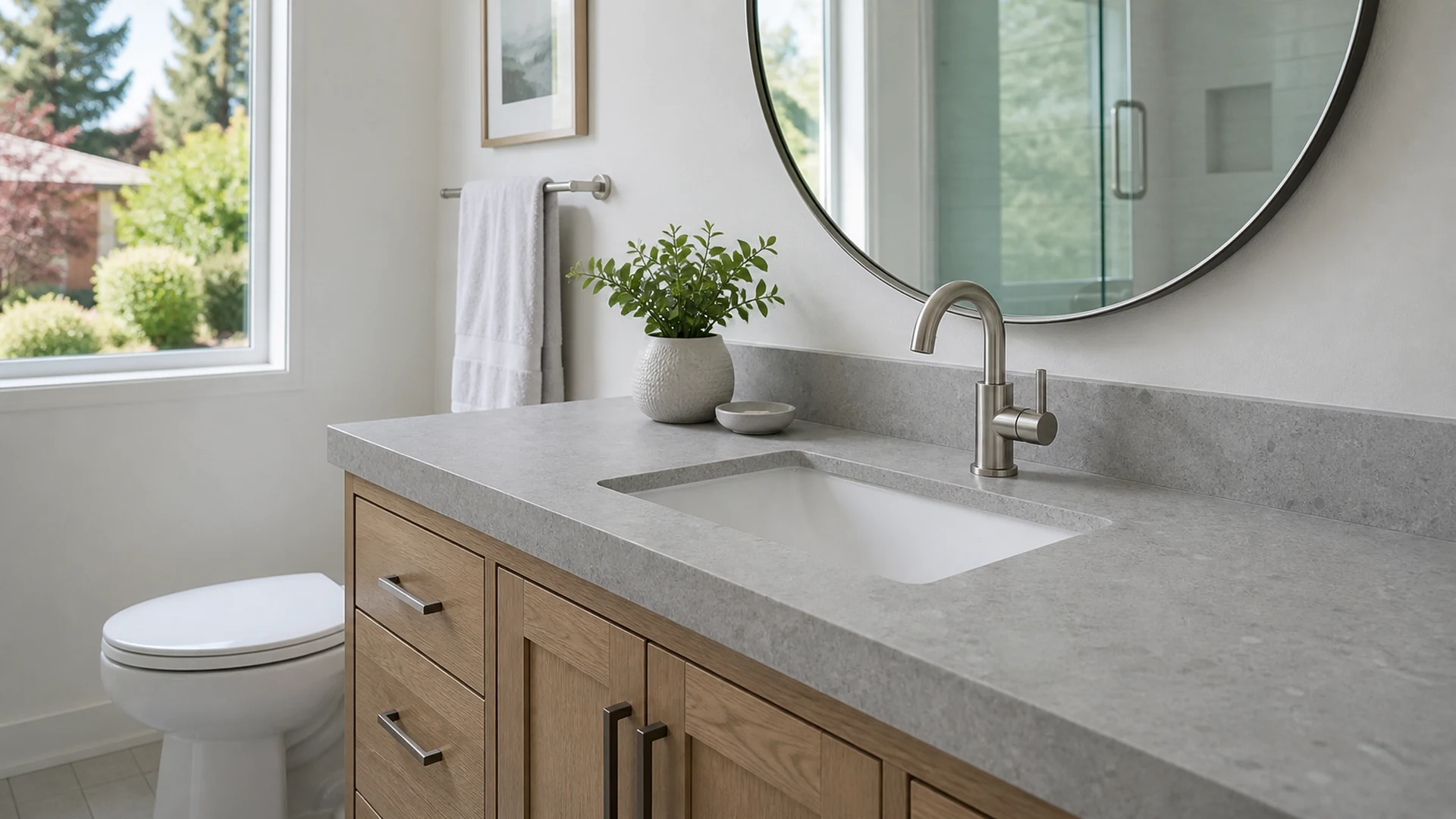 Refinished stone-look bathroom vanity countertop in a bright San Jose home