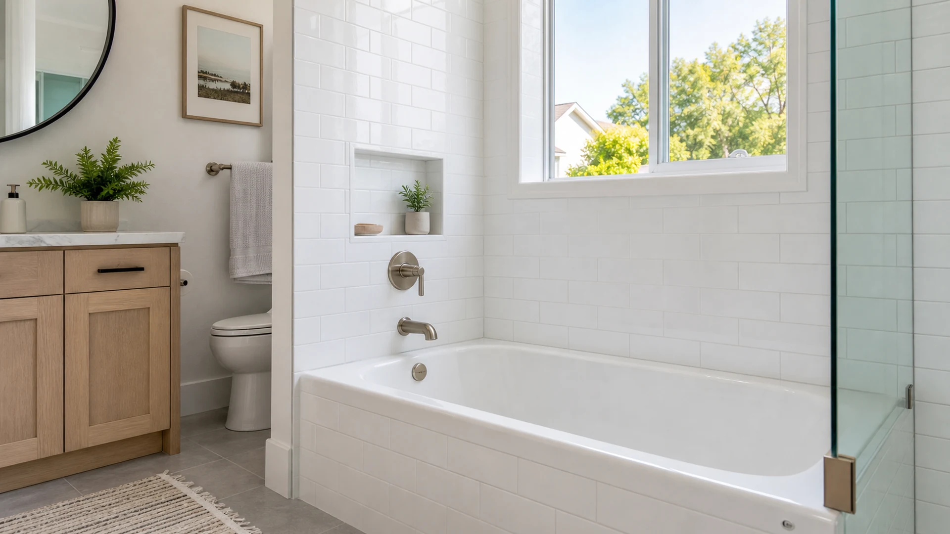 Freshly reglazed glossy white bathtub in a bright San Jose bathroom