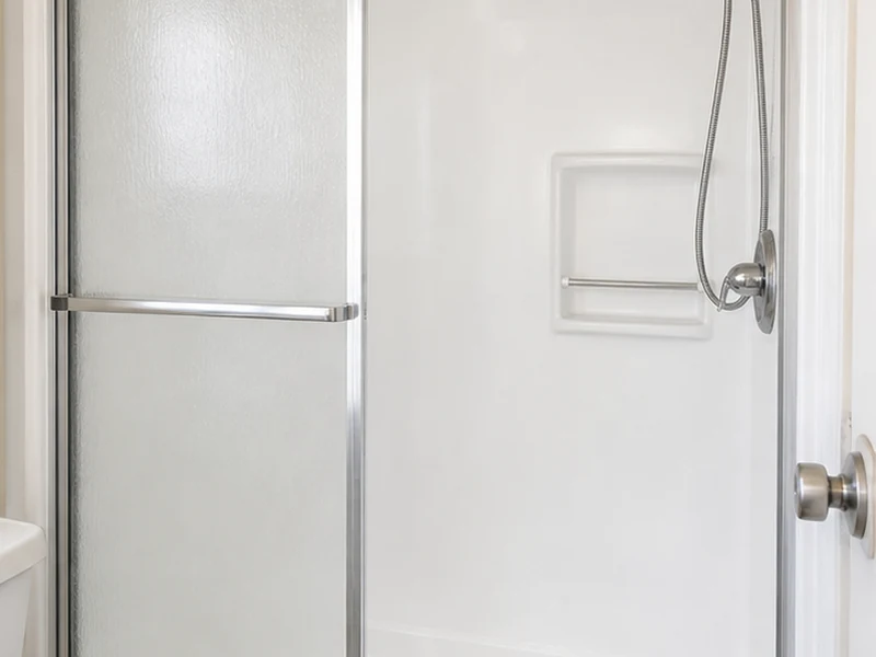Refinished glossy white fiberglass tub-and-shower combo in a Berryessa apartment, San Jose