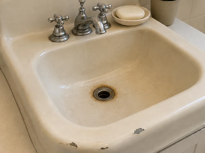 Chipped, stained porcelain bathroom sink before reglazing in a Naglee Park home, San Jose
