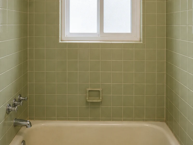Dated avocado-green bathroom tile surround before reglazing in an Almaden Valley home, San Jose